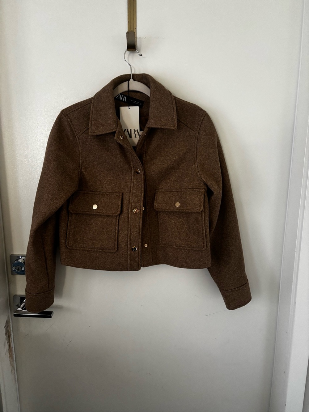 Zara Brown Cropped Wool-Blend Peacoat with Flap Pockets